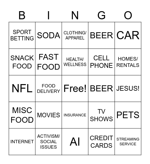 SUPERBOWL COMMERCIAL Bingo Card