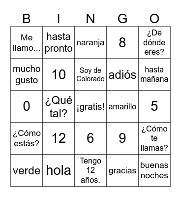 Spanish Saludos Bingo Card