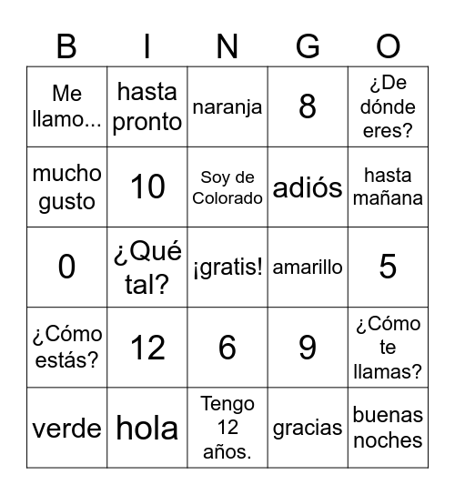 Spanish Saludos Bingo Card