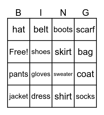 Clothes Bingo Card