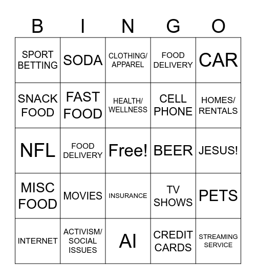 SUPERBOWL COMMERCIAL Bingo Card