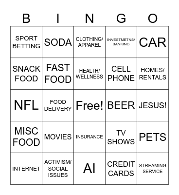 SUPERBOWL COMMERCIAL Bingo Card