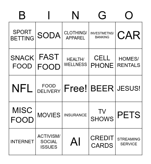 SUPERBOWL COMMERCIAL Bingo Card
