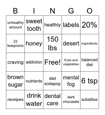 Sugar Bingo Card