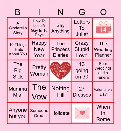 Romantic Comedies Bingo Card