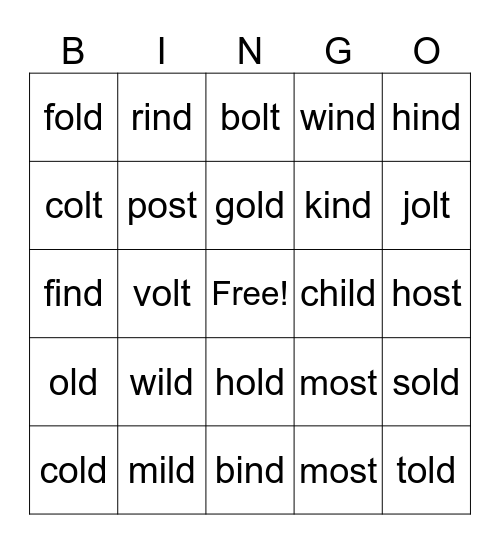 Closed Syllable Exceptions Bingo Card