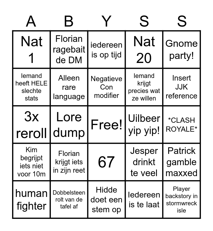 Session 0 Bingo Card