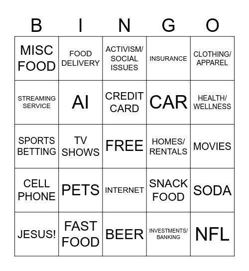 SUPER BOWL COMMERCIAL Bingo Card
