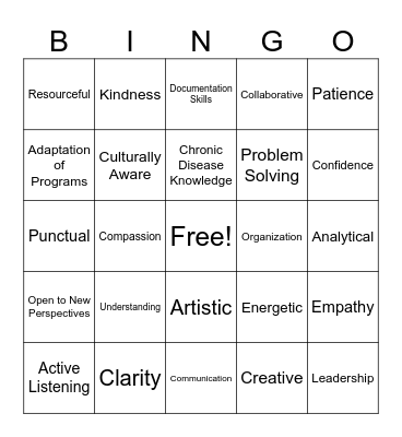 Recreation Therapy Skills Bingo Card