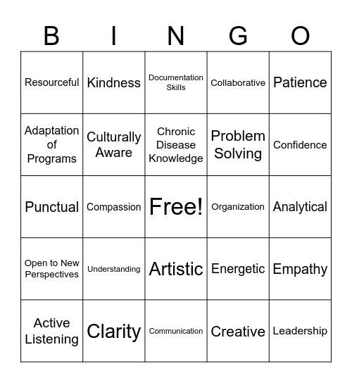 Recreation Therapy Skills Bingo Card