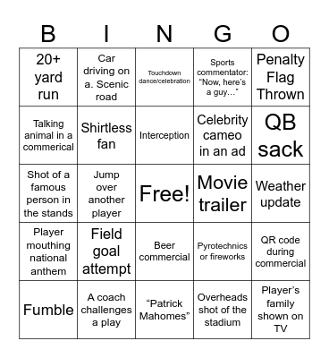 Super Bowl LX Bingo Card