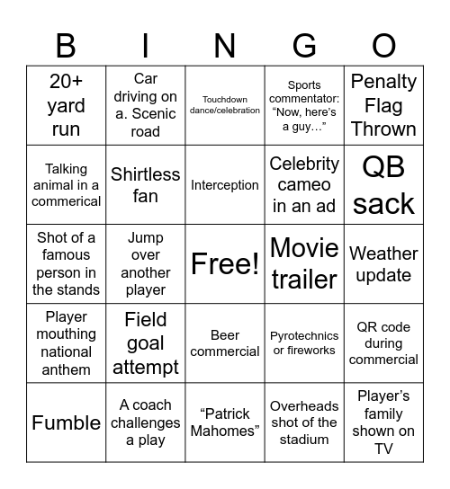 Super Bowl LX Bingo Card