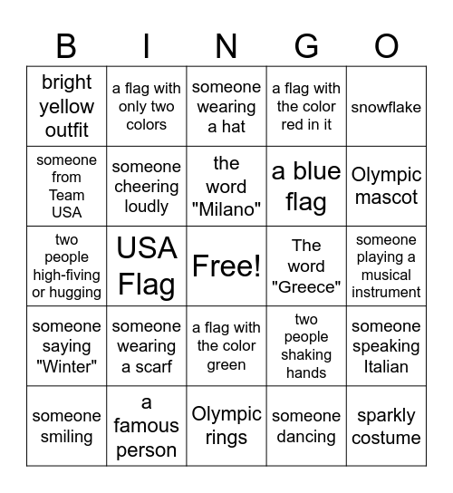 Opening Ceremony Bingo Card