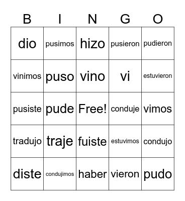 Irregular Preterite Verbs Bingo Card