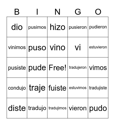 Irregular Preterite Verbs Bingo Card