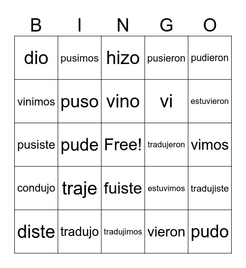 Irregular Preterite Verbs Bingo Card