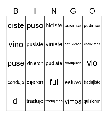Irregular Preterite Verbs Bingo Card