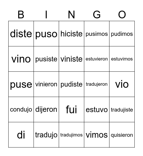 Irregular Preterite Verbs Bingo Card