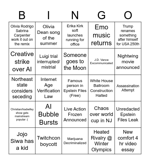 2026 Bingo Card