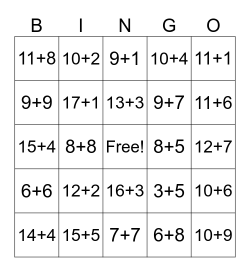 Addition within 20 Bingo Card