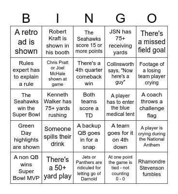Super Bowl 2026 Bingo Card