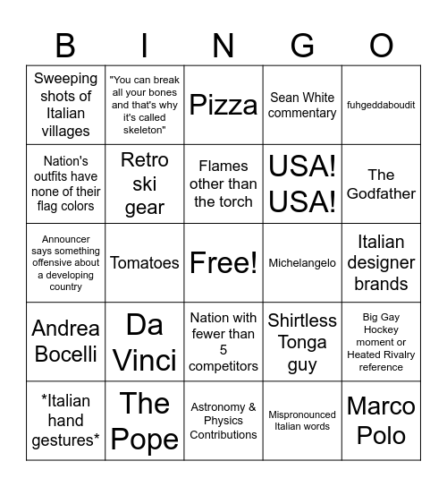 Winter Olympics Bingo Card