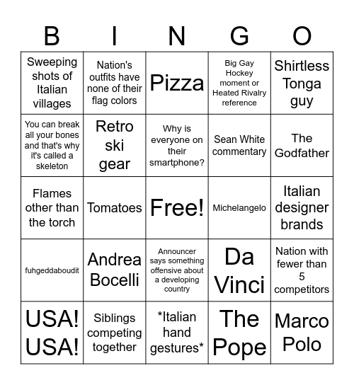 Winter Olympics Bingo Card