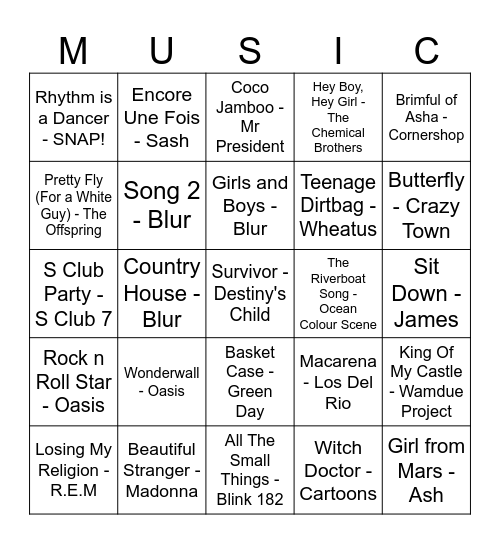 90's Musical Bingo - Round 2 Bingo Card