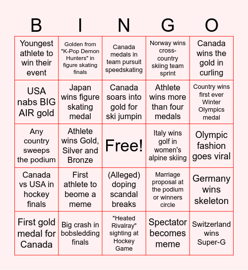 Olympics (Toronto Star Replica) Bingo Card