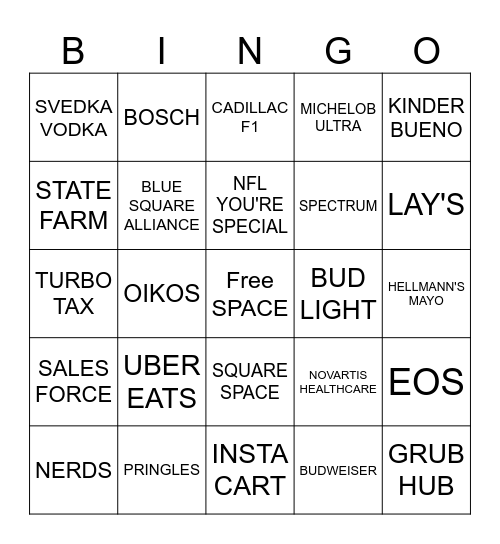 Super Bowl Commerical 2026 Bingo Card