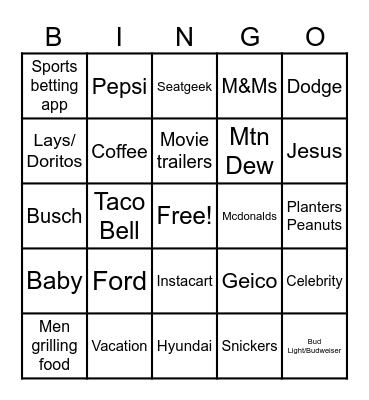 2026 Super Bowl Commercials Bingo Card
