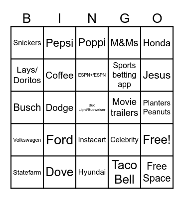 2026 Super Bowl Commercials Bingo Card