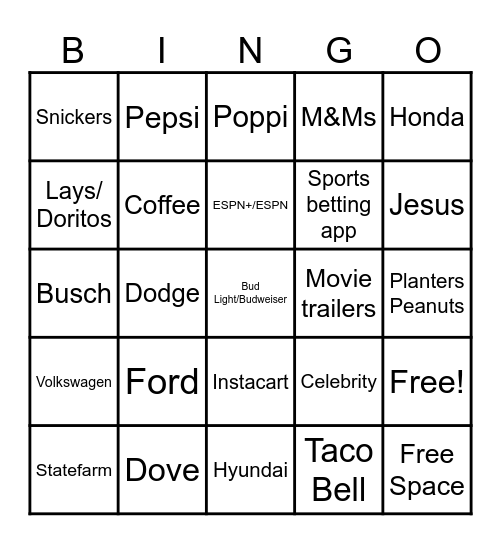 2026 Super Bowl Commercials Bingo Card