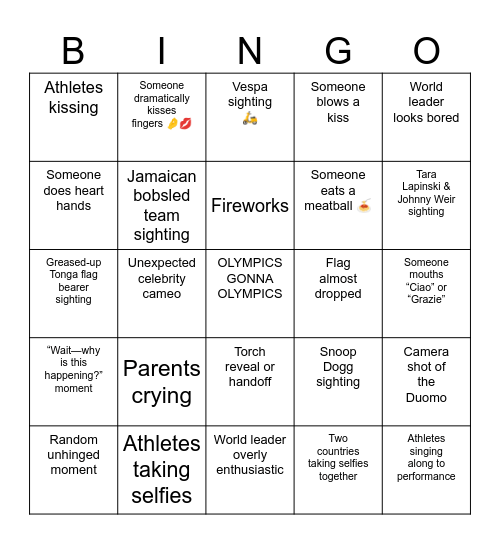 2026 Winter Olympics Bingo Card