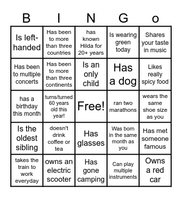 Hilda's 50th Birthday Bingo: Find Someone Who Bingo Card