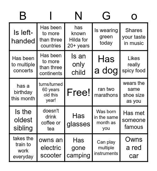 Hilda's 50th Birthday Bingo: Find Someone Who Bingo Card