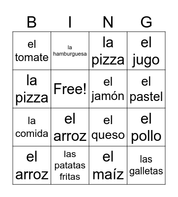 La comida Bingo Card