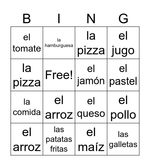 La comida Bingo Card