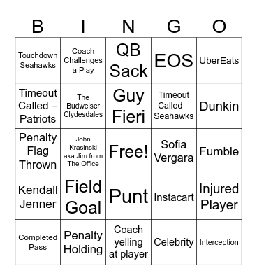 Benito Bowl Bingo Card
