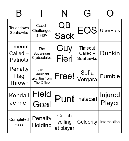 Benito Bowl Bingo Card