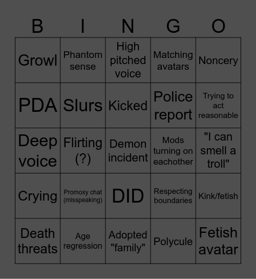 Proximity chat Bingo Card