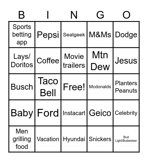 2026 Super Bowl Commercials Bingo Card