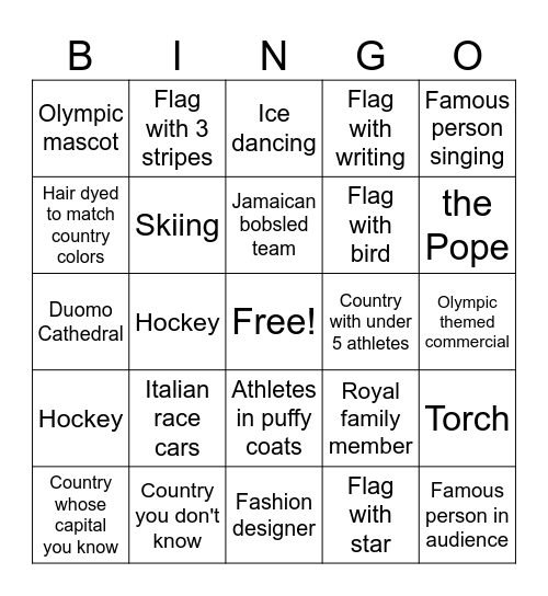 Winter Olympics Bingo Card