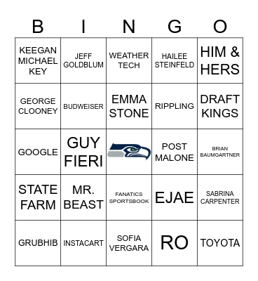 Super Bowl Commercial Bingo Card