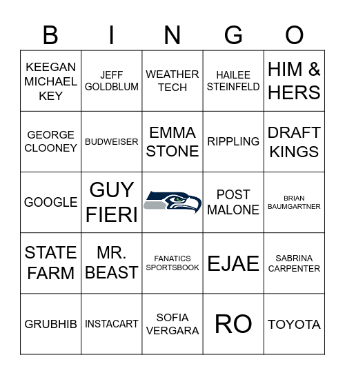 Super Bowl Commercial Bingo Card