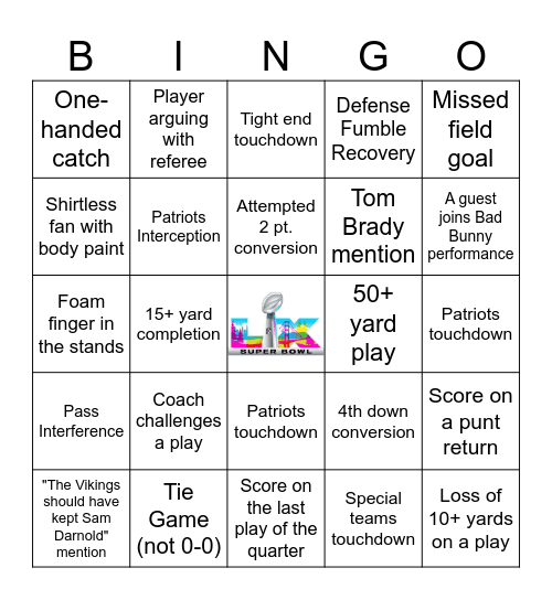 Seahawks vs. Patriots 2026 Bingo Card