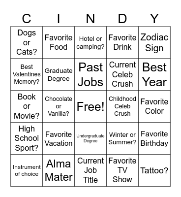 Cindy Bingo Card