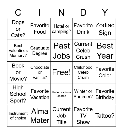 Cindy Bingo Card