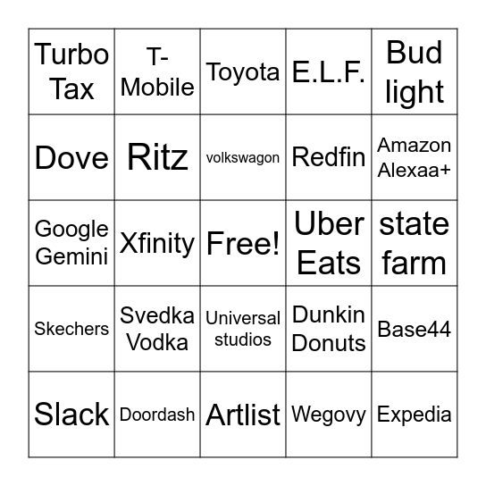 SuperBowl BINGO Card