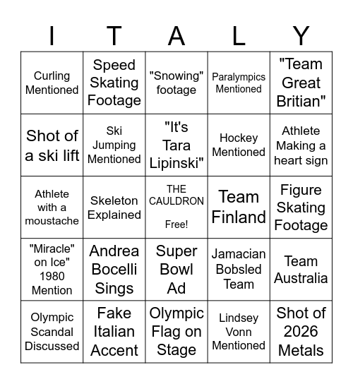 2026 Cortina Opening Ceremonies Bingo Card
